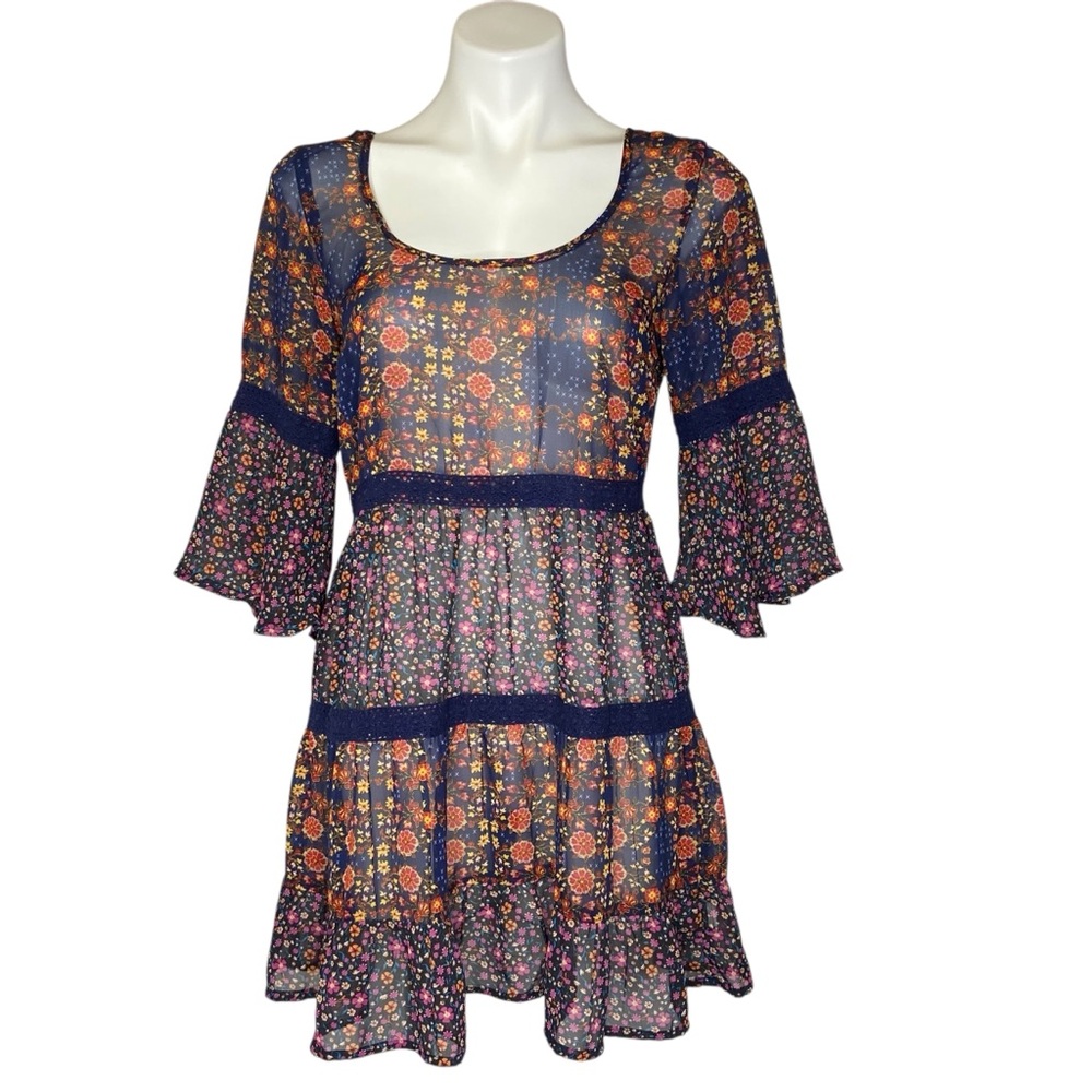 BAND OF GYPSIES Floral Boho Tiered Patchwork Mini Dress Bell Sleeves Medium